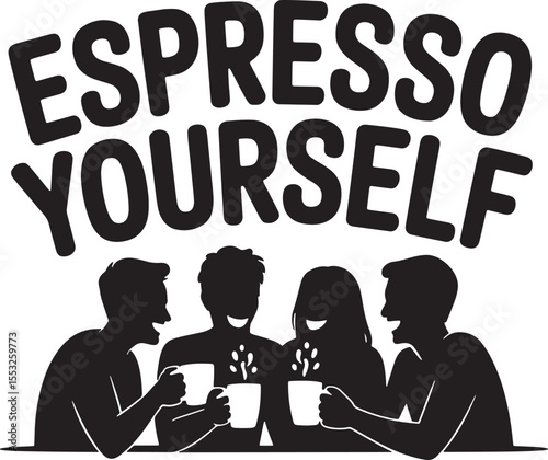 Four black silhouettes of people enjoying coffee together espresso group