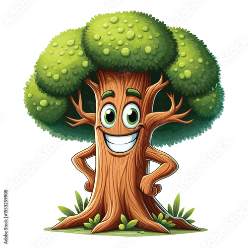 illustration cartoon of a funny cartoon tree, personified and very cute style, . A tree with a smiling face and a human-like posture