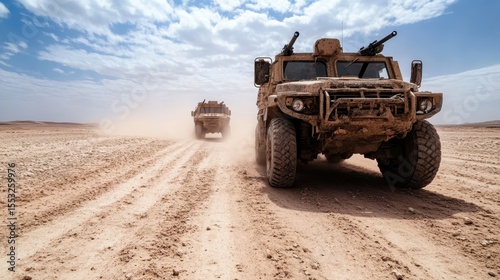 This image showcases two military vehicles traversing a dusty desert landscape, highlighting their rugged design and the challenging environment they operate in efficiently.