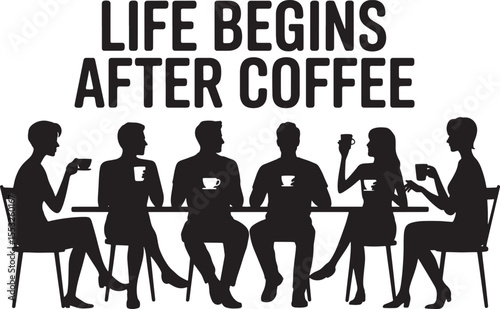 Six people silhouettes sitting at a table drinking coffee vector