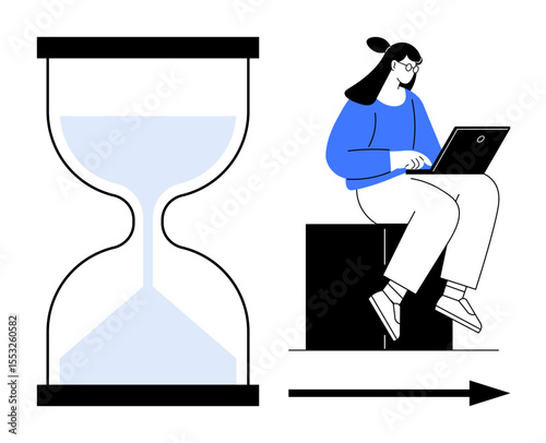 Woman sits with a laptop near a large hourglass, symbolizing time, focus, and efficient task management. Ideal for productivity, time tracking, deadlines, stress management, balance workflow simple