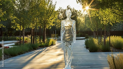 A glass figure stands amid trees and greenery in a park, capturing sunlight in a tranquil atmosphere during the evening