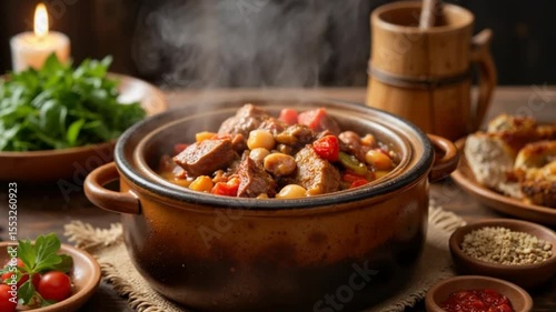 Delicious beef stew with vegetables in rustic pottery bowl  