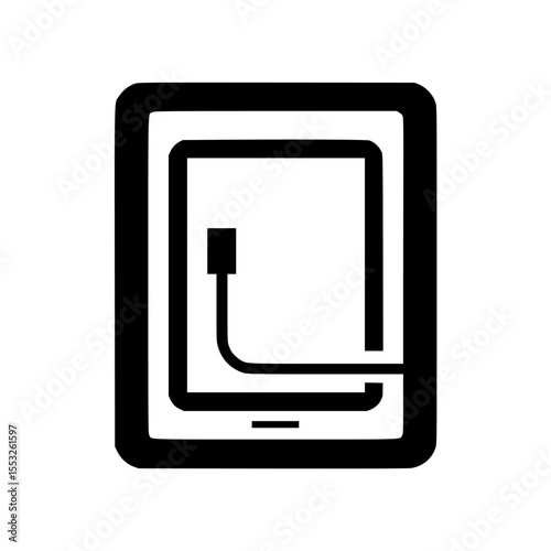 Black and white icon of a tablet device with a stylus pen attached by a cord.