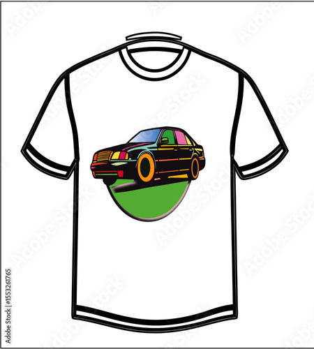 "White t-shirt vector with a black and Red ace car at full speed, dust trail effect, aggressive stance.