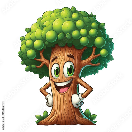 illustration cartoon of a funny cartoon tree, personified and very cute style, . A tree with a smiling face and a human-like posture