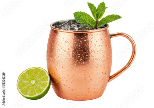 Isolated Refreshing Moscow Mule in Copper Mug with Lime