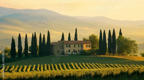 A charming retreat surrounded by tall cypress trees and lush vineyards during sunset in the Italian countryside