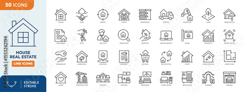 House or Real estate line editable icons set. Containing house, real estate, property, buying, key, building, renting, home, and more. Editable stroke. Vector illustration.