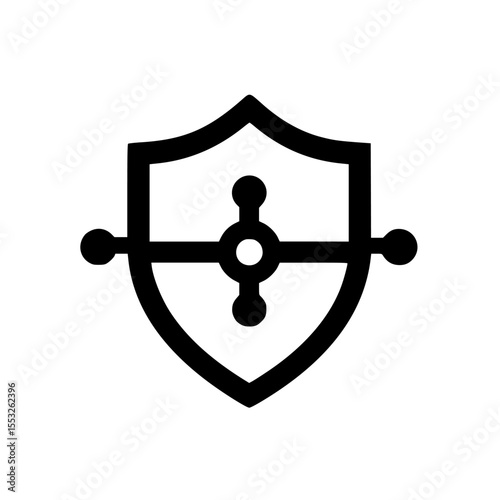 Simple black outline shield graphic with interconnected design elements.