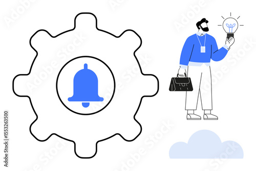 Businessman with briefcase holding lightbulb signifies ideas and innovation. Gear with bell for notifications and settings. Ideal for business, technology, teamwork, strategy, success, alerts