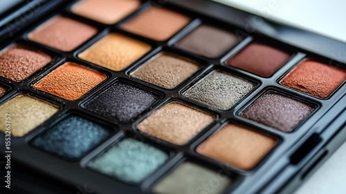 A makeup palette showcases various warm and neutral shades in different textures, emphasizing creativity in cosmetic application