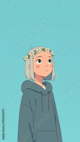 A beautiful illustration of a pensive girl in a hoodie and flower crown, looking up with wonder. A concept for dreams, hope, youth, and imagination.