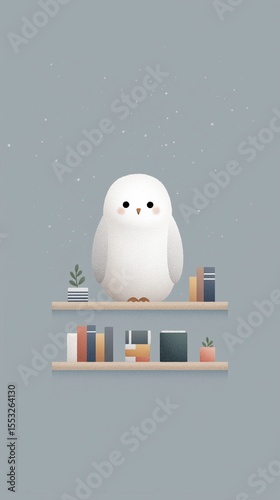 A charming 3D illustration of a wise owl in a cozy library or room. A concept for reading, education, knowledge, and cute animal characters.