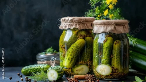 Jars filled with sliced cucumbers, spices, and herbs are prepared for pickling on a dark countertop in a kitchen