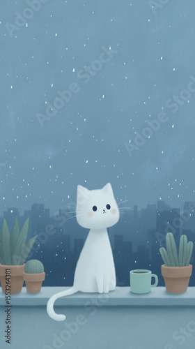 A cozy 3D illustration of a cat on a window ledge with plants and a mug, watching the city. A concept for home, peace, and pet companionship.