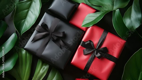 Decorative gifts in black and red colors with bows are placed among lush green tropical leaves