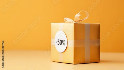 A bright yellow gift box with a ribbon displays a tag showing a fifty percent discount on an orange background