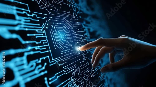 A hand reaches out to interact with a digital circuit board, showcasing the blend of technology and human connection in a modern setting