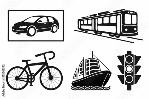 Various modes of transportation isolated on white background