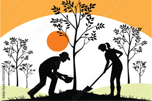 Couple planting a tree together in silhouette symbolizing environmental care and growth