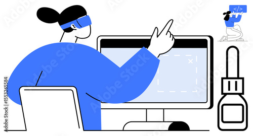 Woman wearing VR headset working on computer, pointing at the screen. Coffee mug on desk, small coding icon in the background. Ideal for tech engagement, coding, VR use, digital workspace