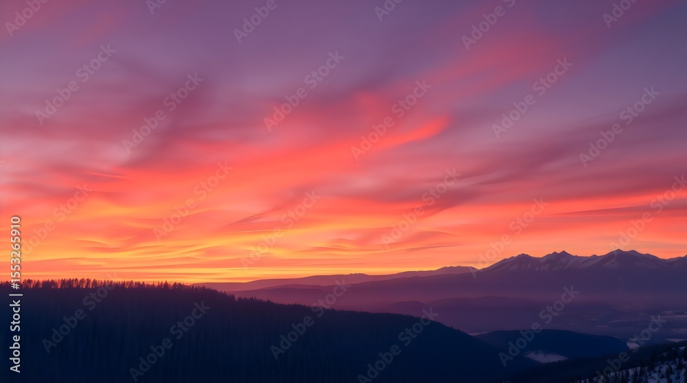 Fototapeta premium Winter sunrise over distant mountain ridge
