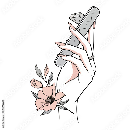 Elegant hand holding nail file with diamond and flowers