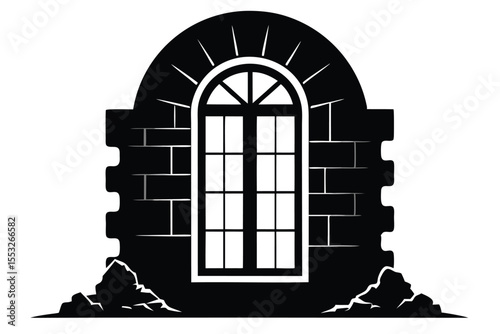 Old Stone Arch Window with Dividing Panes and Brick Frame Silhouette Illustration
