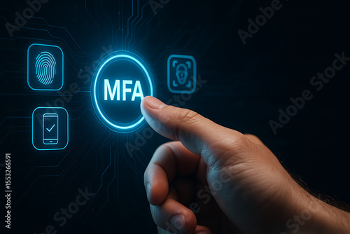 Businessman Pressing Virtual MFA Button – Multi-Factor Authentication in Cloud Computing with SaaS, PaaS, IaaS, and AWS Integration. MFA Concept with Biometric, OTP, and Face Recognition – Advanced 

