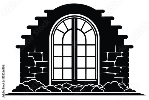 Black and White Arched Window with Divided Panes in Stone Wall Illustration