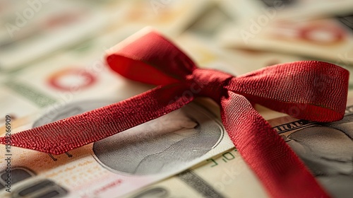 Euro currency bills tied with a red bow ribbon, presenting a festive and elegant view of money as a gift or symbol of wealth.