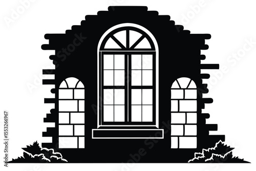 Silhouette of Building Facade with Arch Window, Brick Details, and Foliage Accents