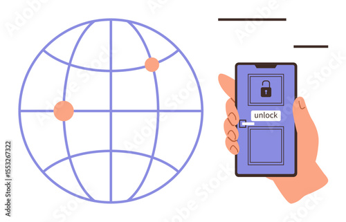 Planet grid with data points beside smartphone with lock interface highlighting security and access. Ideal for cybersecurity, global communication, network security, technology, connectivity