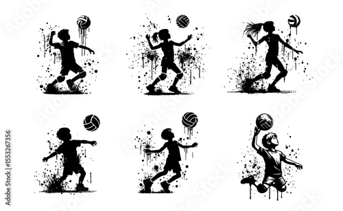 Volleyball Kids player Silhouette Grunge Splatter and Dripping Spray Effects