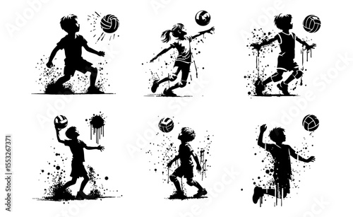 Volleyball Kids player Silhouette Grunge Splatter and Dripping Spray Effects