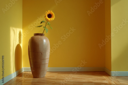 Sunflower in Minimalist Setting. Sunflower in a vase against a yellow wall with sunlight. Ideal for home decor inspiration or minimalist designs.