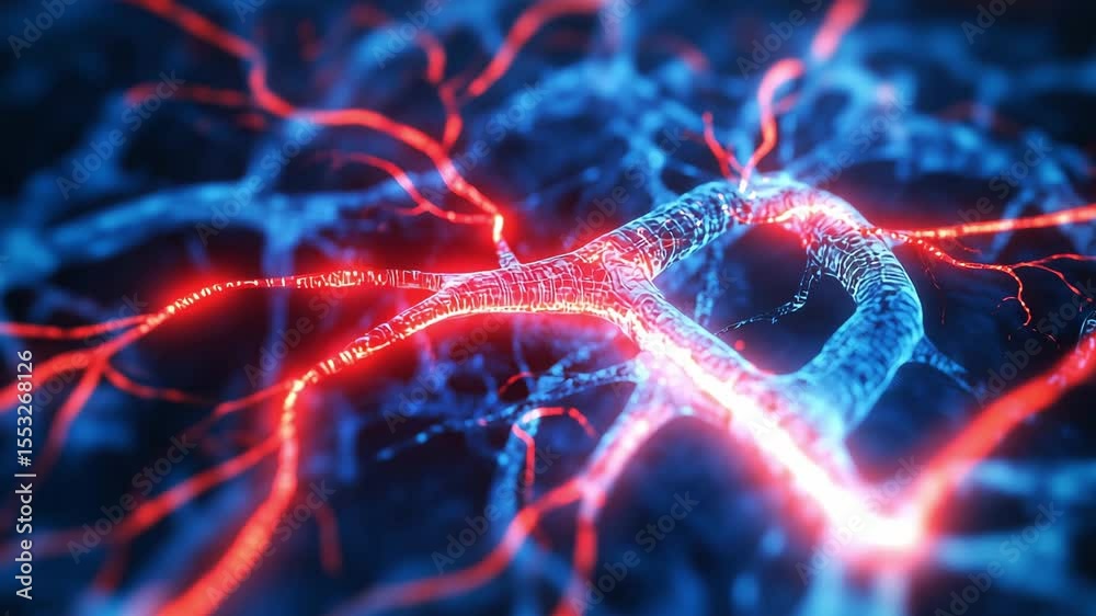 Intricate connections of neural pathways illuminated in striking colors and dynamic patterns within a biological framework
