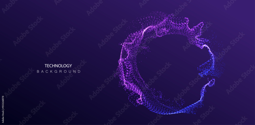 Circle A.I. Technology particles banner. Dots explosion ai big data neon round background. Artificial Intelligence futuristic connect design.
