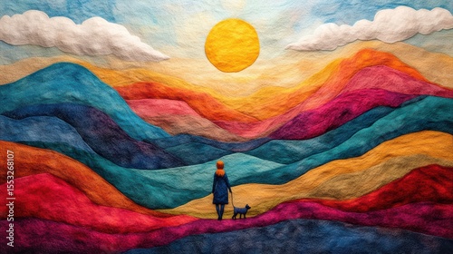 Colorful Wool Landscape with Woman and Dog walking toward a Bright Sunset in a Serene Setting