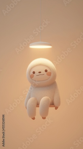 A cute 3D render of a happy sloth relaxing under a light in a warm, peachy room. A concept for comfort, inner peace, and contentment