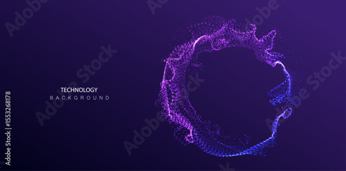 Circle A.I. Technology particles banner. Dots explosion ai big data neon round background. Artificial Intelligence futuristic connect design.
