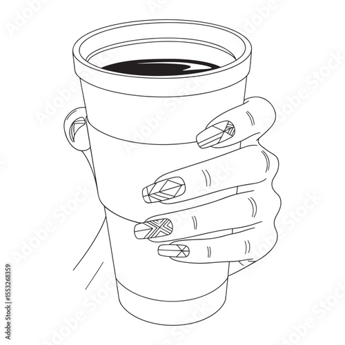 Hand holding coffee cup with geometric nail art drink