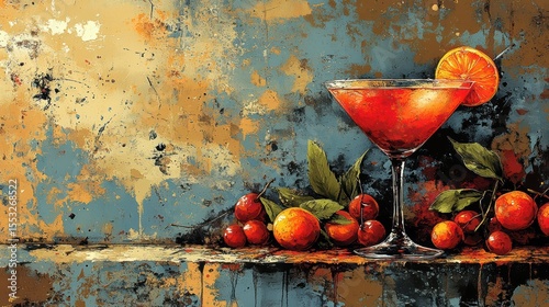 Artistic Still Life Painting of a Martini Cocktail with Oranges and Cherries on a Textured Surface