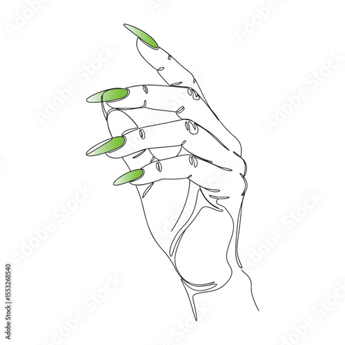 One line drawing of a hand with green oval nails continuous line