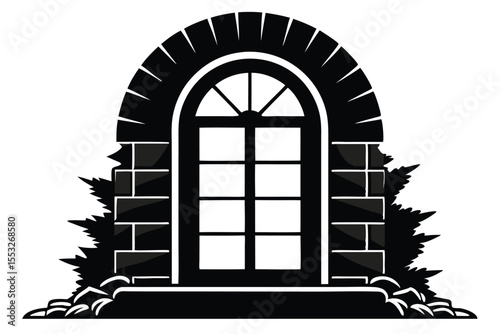 Stone Arch Window with Plants Black and White Vector Illustration Design Element