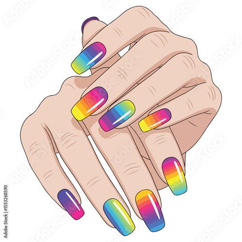 Rainbow gradient painted fingernails on crossed hands