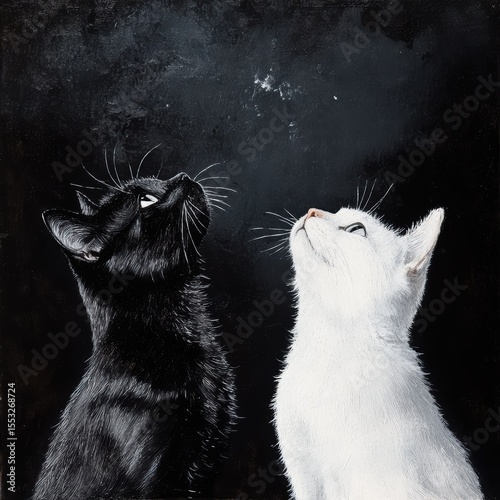Whimsical Art Portrayal of a Black and White Cat Duo Gazing Upward in Curious Wonder in a Dark Blackground