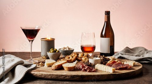 Mixed Appetizer Platter with Cocktails and Wine, Modern Style