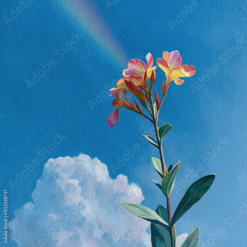 Ethereal serenity of floral art under a bright blue sky a white cloud and rainbow casting subtle hues